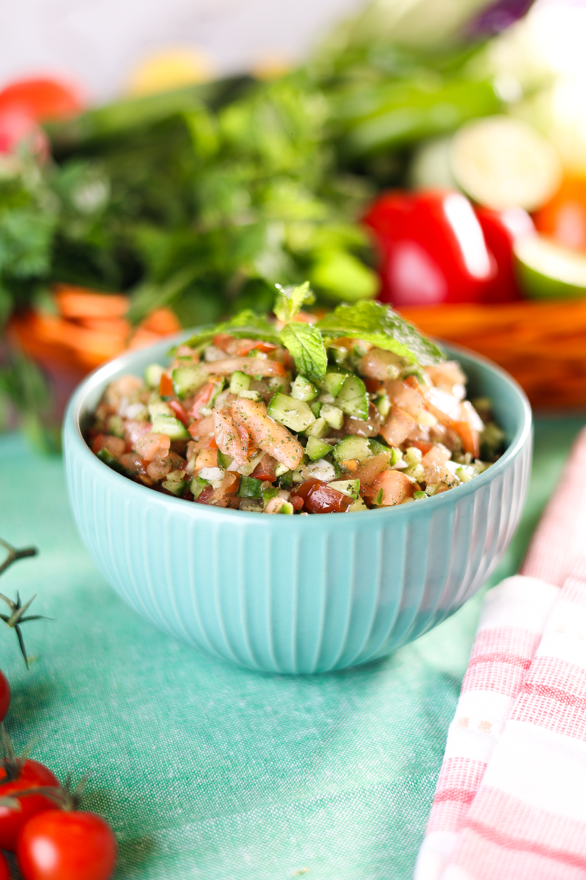 A bowl of fresh Persian Shirazi Salad with cucumber, tomato, and onion served at Layali Al Rabee, the Best Iranian Restaurant in Abu Dhabi.