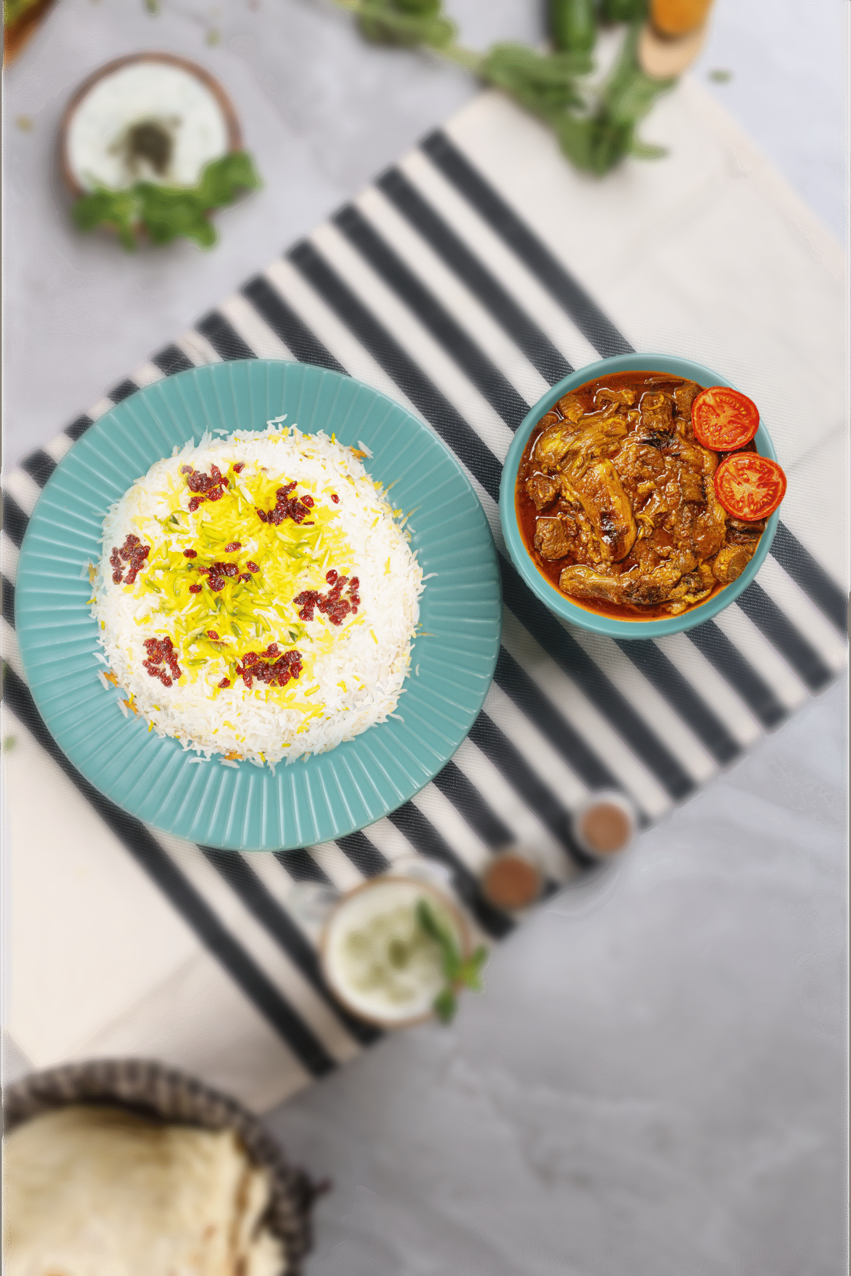 Traditional Persian Sabzi stew with saffron rice, served at Layali Al Rabee — the Best Iranian Restaurant in Abu Dhabi.