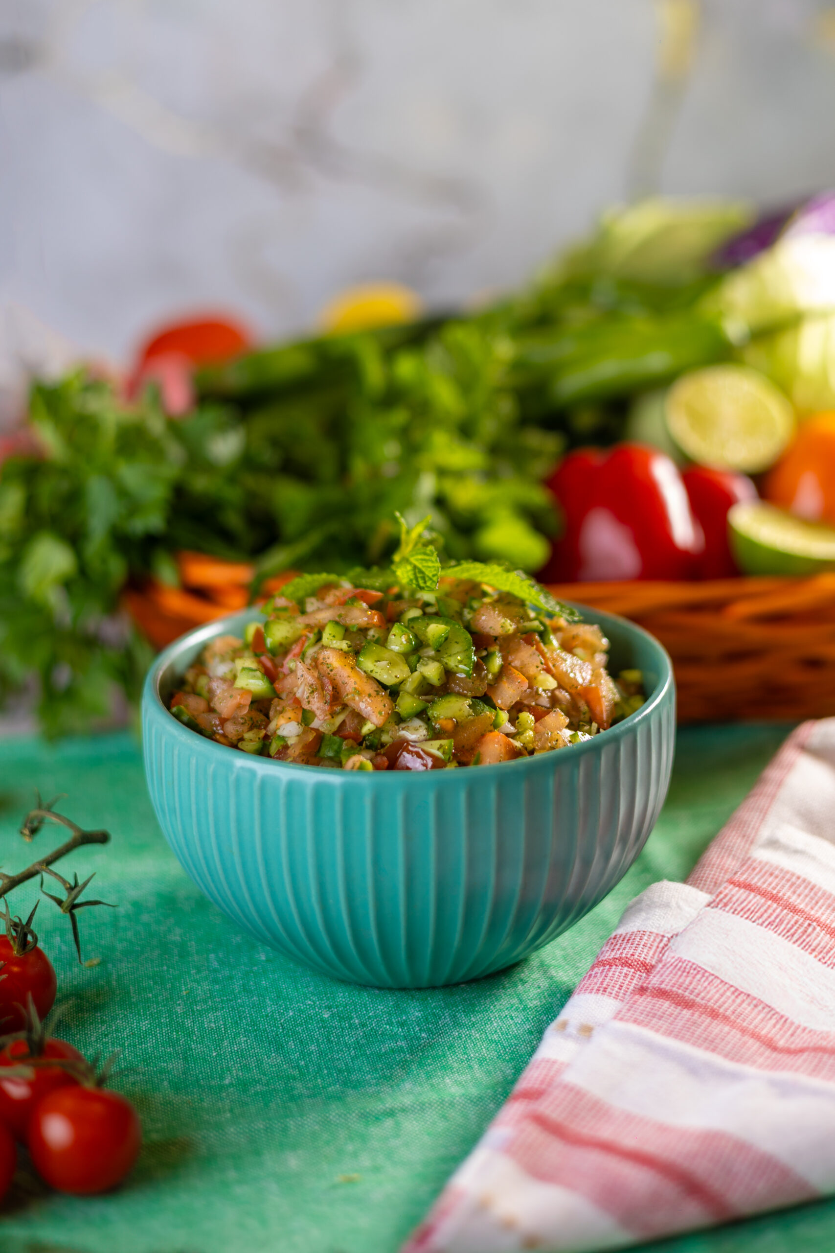A fresh and hearty chickpea salad served at Layali Al Rabee, the Best Iranian Restaurant in Abu Dhabi, made with herbs, vegetables, and zesty dressing.