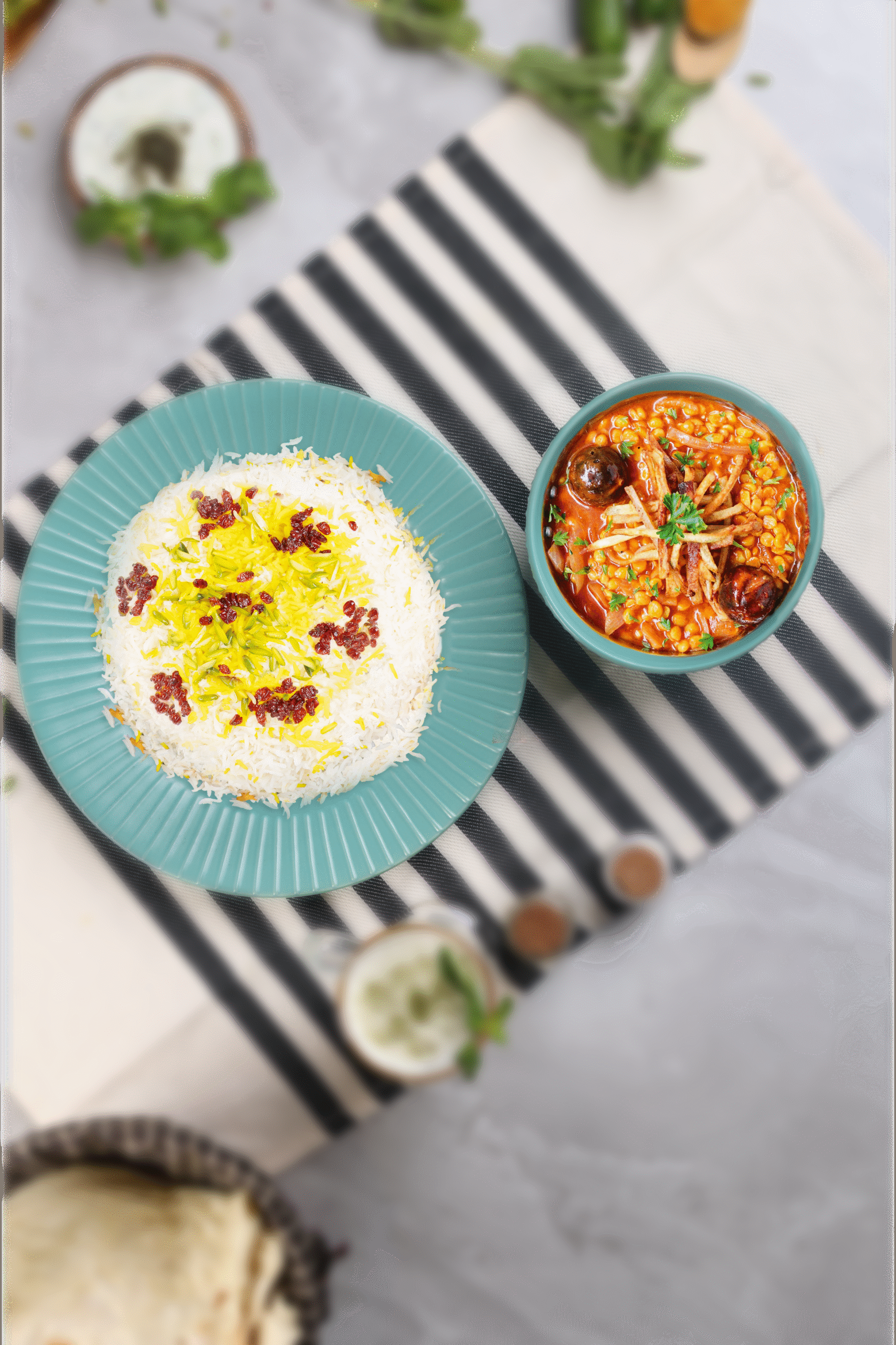 Traditional Persian Gheimeh stew with saffron rice, served at Layali Al Rabee — the Best Iranian Restaurant in Abu Dhabi.